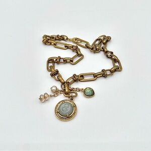Vintage Solid Brass Link Labradorite & pearl Cameo charm necklace. Handmade.